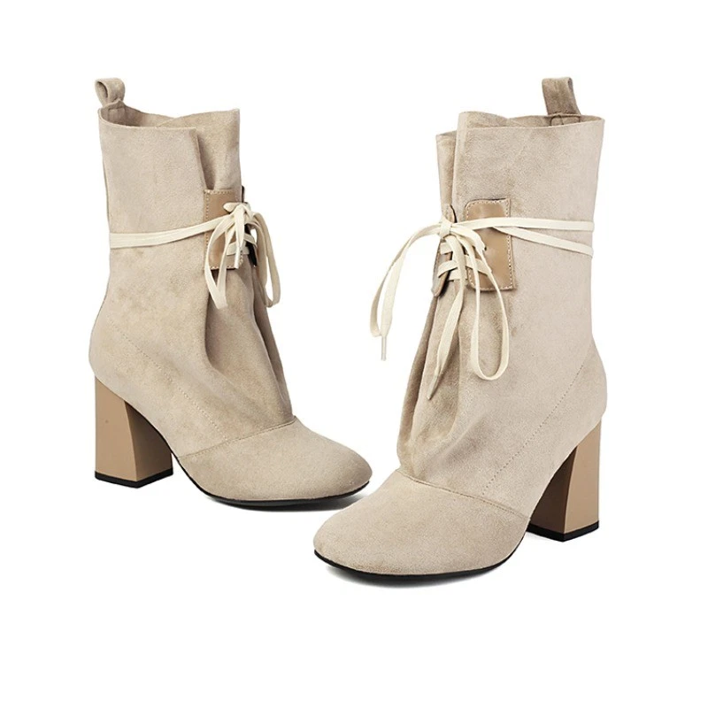 Женские ботильоны повседневные замшевые ботинки высоты коренастый каблуки шнурует вверх круглый носок ботинки - Изображение 2 из 4