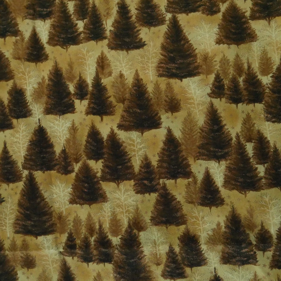 1Y Hoffman Quilt Cotton Fabric Brown Tan Tree Winter Christmas Metallic Craft - Image 2 of 4