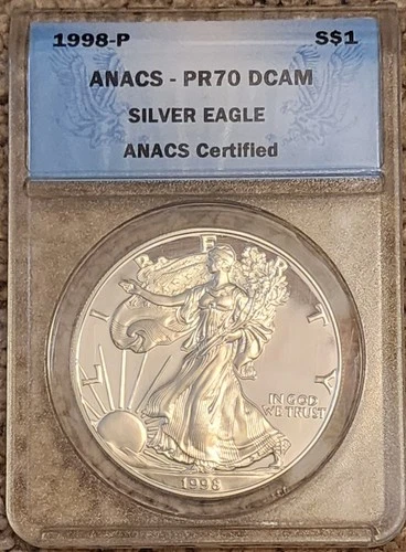 1998-P 1 OZ. SILVER AMERICAN EAGLE *ANACS PR70 DCAM* BLUE LABEL
