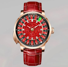 PINDU Men's Automatic Watch 46mm button roulette wheel Leather Strap Dress Watch