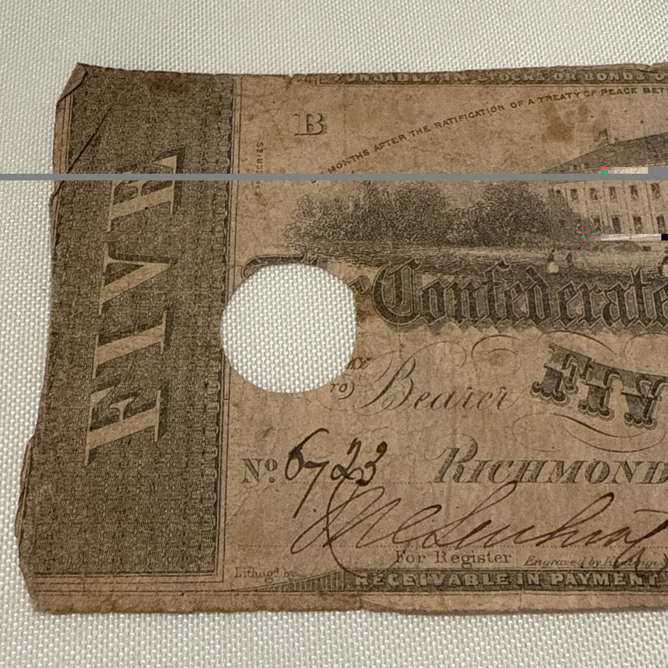 1862 $5 DOLLAR BILL, THE CONFEDERATE STATES OF AMERICA Richmond  - Image 2 of 4