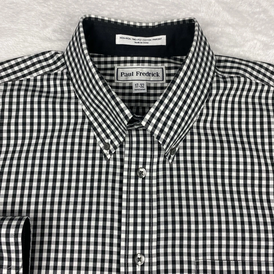 Camisa de vestir Paul Fredrick para hombre 17-32 negra a cuadros búfalo puños abatibles sin hierro Foto 2 de 4