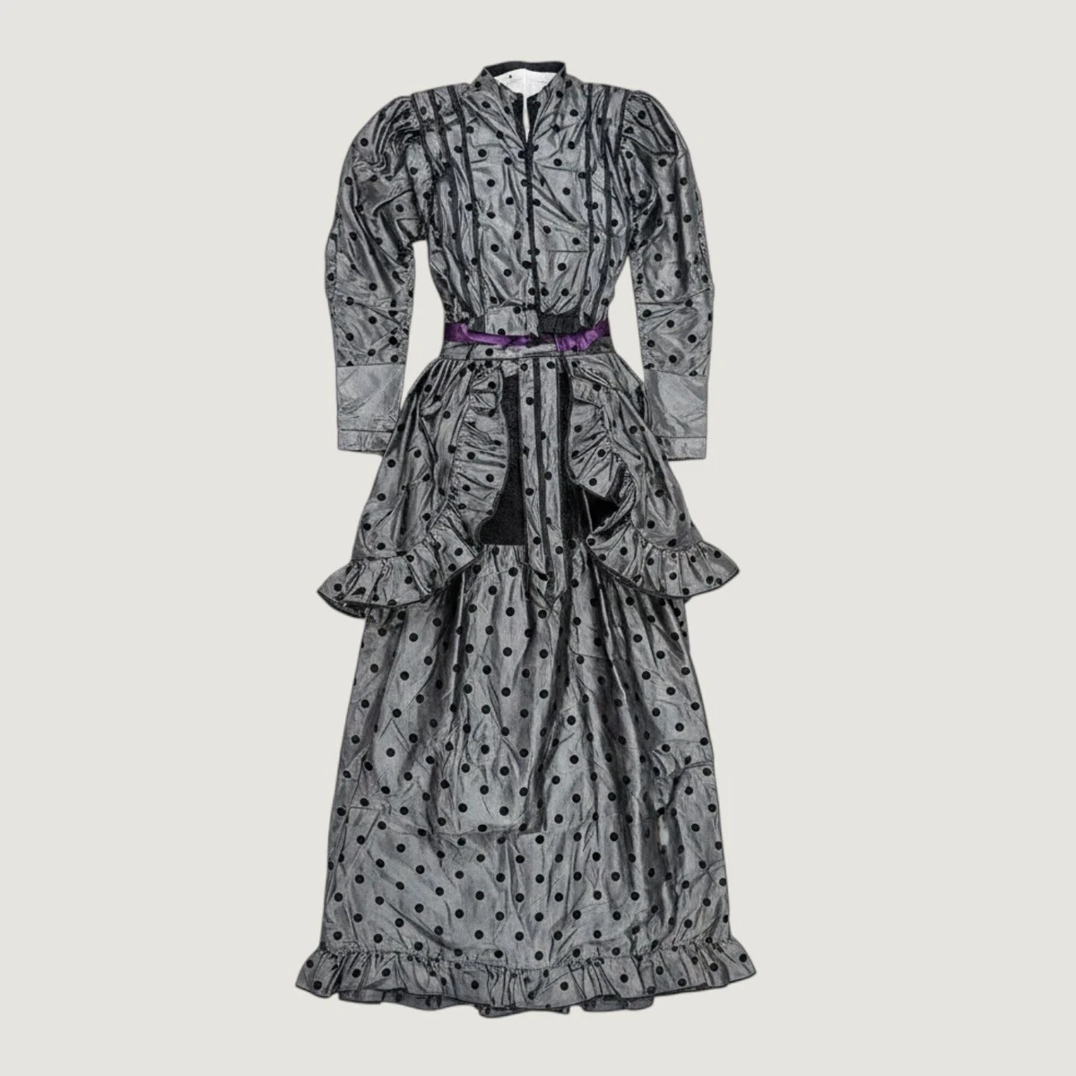 Antiguo Corsé Vestido de Día Victoriano Años 1870 Negro Plata Seda Tafetán 2 Piezas M