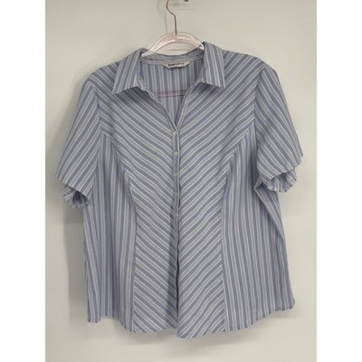 Bonmarche Womens Sz 22 Blue Striped Short Sleeve Button Front Collared Shirt