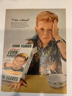 Print Ad 1955 Kellogg's Corn Flakes Cereal FOOD I Bin Robbed Boy with empty box