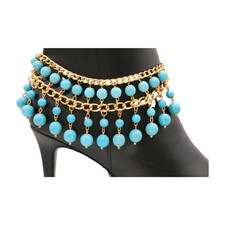 New Women Gold Metal Chain Boot Bracelet Shoe Turquoise Blue Color Anklet Ethnic