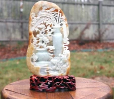 Jadeite Hand-Carved Boulder with Plants, Peacock Feathers & Vases Post-1950s