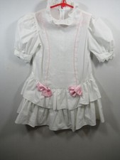 Vtg 70s 80s White Eyelet Drop Waist Dress Girls Short Sleeve Pink Bows Ruffle