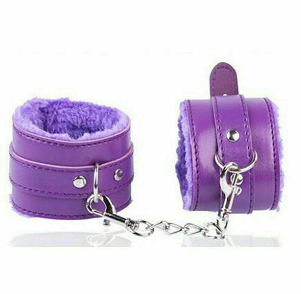 Purple Sex Slave Faux Leather Restraints Cuffs Furry Handcuffs Wrist