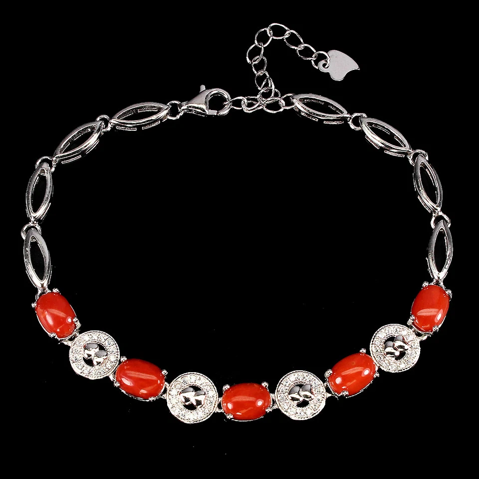 Pulsera de plata de ley 925 ovalada naranja coral Italia 7x5 mm joyas de piedras preciosas Foto 2 de 4