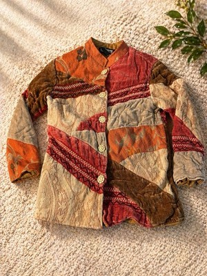 Vintage Indigo Moon Patchwork Jacket Small Artsy Boho Embroidered Tapestry
