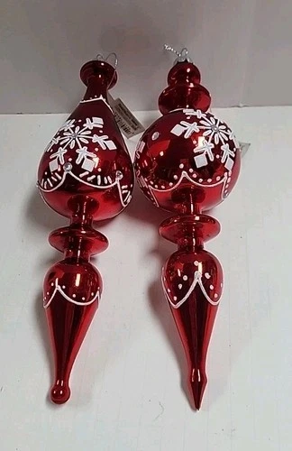 Kurt S. Adler Blown Glass Red Finial w/ Snowflakes & Jewels Pattern Ornaments  2