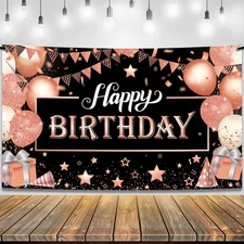 KatchOn, Rose Gold and Black Happy Birthday Banner - Large, 72x44 Inch | Back...