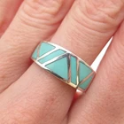 925 Sterling Silver Vintage Real Turquoise Geometric Band Ring Size 7.75