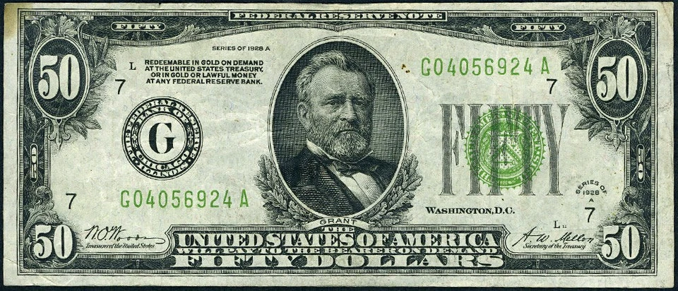 FR. 2101 G $50 1928-A Federal Reserve Note Chicago G-A Block LGS VF+ - Image 2 of 3