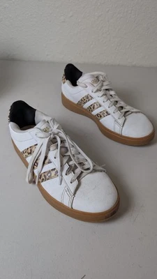 Adidas GRAND COURT SHOES White W/ Leopard Print Stripes Women's 8 Exc Cond - Image 1 of 4