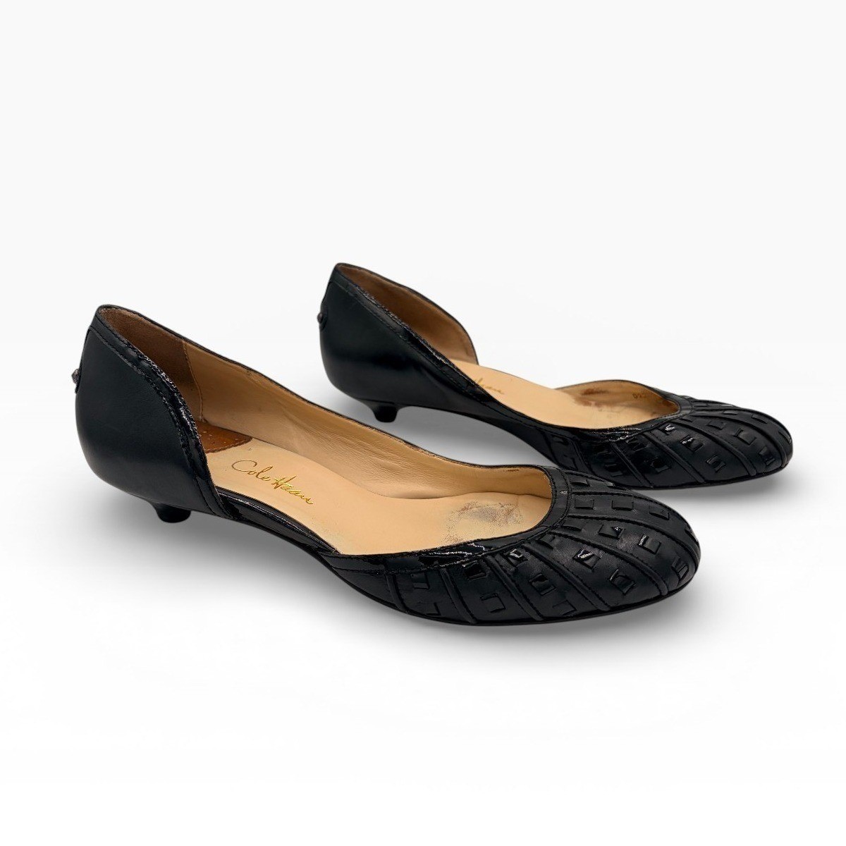 Cole Haan Kitten Heel 7B D'Orsay Black Leather Round Toe Woven Slip On Shoes