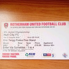 Ticket : 2018/2019 21/8/2018 Championship Rotherham United v Hull City
