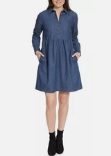 NineWest Women’s 2xl Blue Chambray Demin Button Front Shirt Dress Pockets NWT