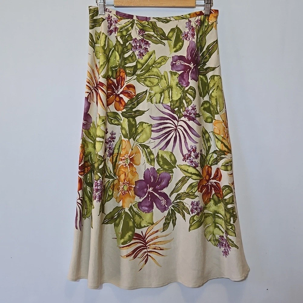 Vintage Talbots Silk Linen Floral A-line Midi Skirt 8 Petite Tropical Coastal