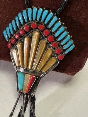Vintage Zuni Coral Turquoise   Mother Of Pearl Signed Clarence Chage Bolo