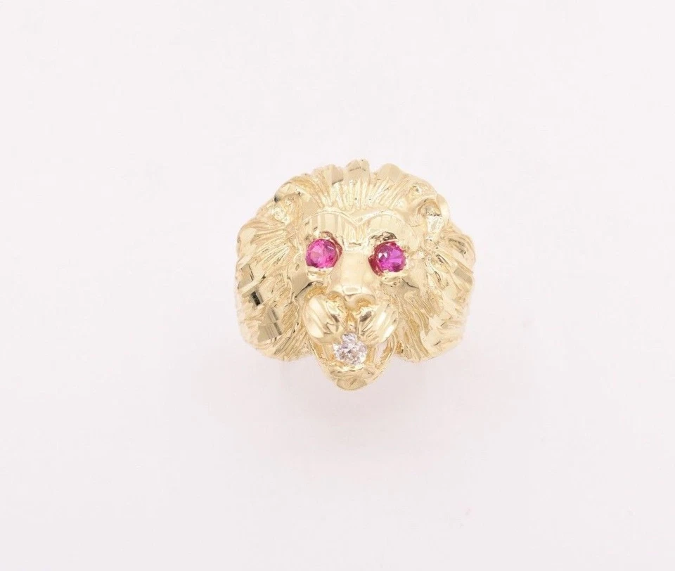 Anillo Cabeza de León Grande Para Hombre Ojos de Rubí y Circonita Circonita Real Sólida Oro Amarillo 10K Talla 11 Foto 2 de 3