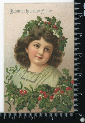 Antique New Year Postcard Girl Holly Glitter French Bonne Année Child Posted