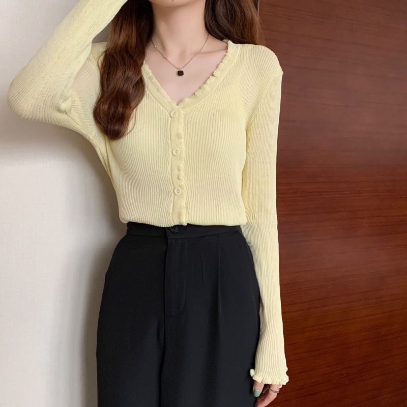トップス ROUND NECK CARDIGAN /SLIM VNECK pullover Crop V-Neck Cardigan - Black