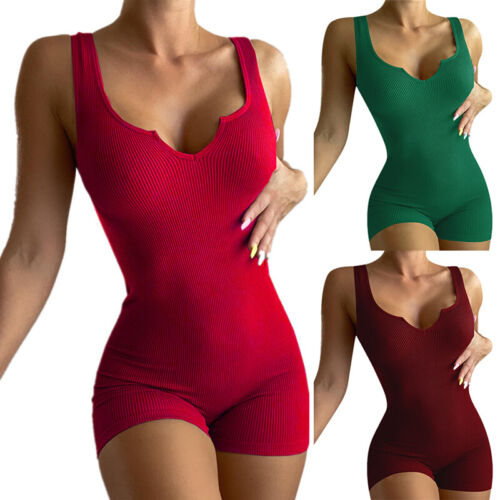 Womens Sexy Ribbed Sleeveless Bodysuit Stretch Leotard Shorts Romper Jumpsuit - Picture 1 of 19