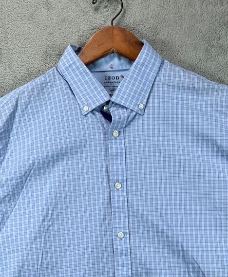 IZOD Shirt Mens 34 XL Blue Button Down Shirt Long Sleeve 17.5 Slim Performance - Image 2 of 4