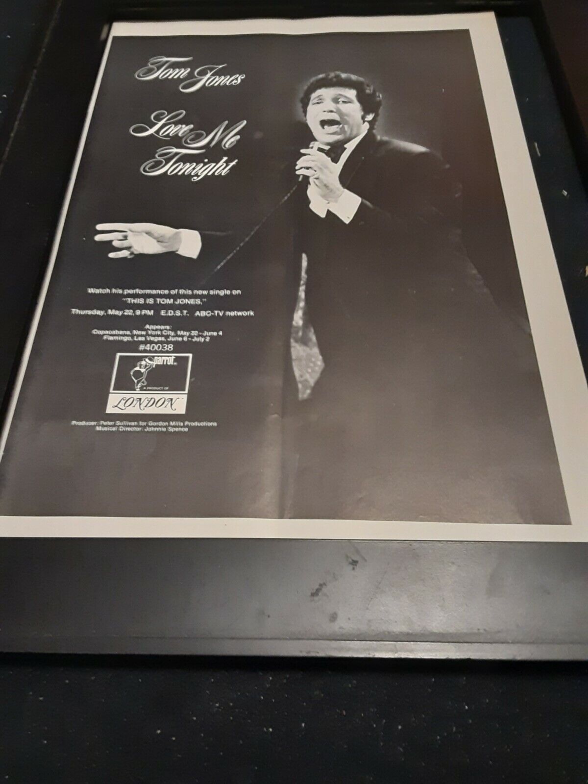 2021new shipping free Tom Jones Love Me Tonight Rare Promo Framed Ad Poster Original Now on sale