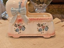 Rare Vintage Inarco Baby Girl Bassinet Crib Flowers Blue Bow Ceramic Planter