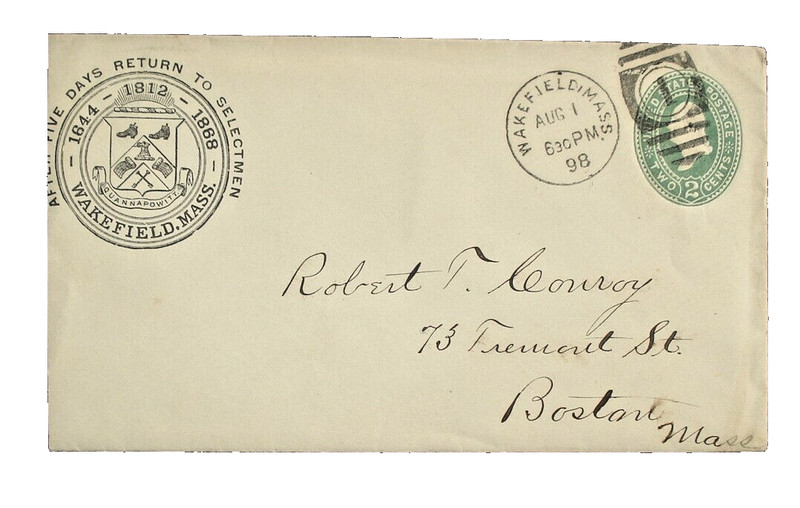 US SCU311 WAKEFIELD , MASS POSTAL HISTORY COVER 1898
