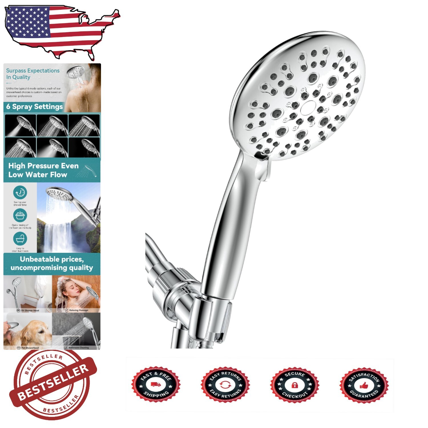 Elegant 6-Mode Handheld Shower System - Anti-Clog, Easy Installation & Durable