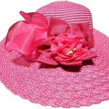 Straw Hat Pink Church Dress Event Derby Flower Ribbon Bow Fancy