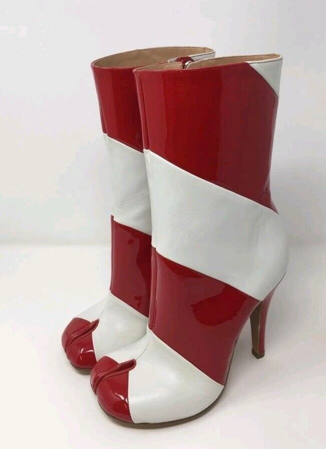 MAISON MARTIN MARGIELA Stripe Patent Tabi Stiletto Boot - Red & White - UK 4