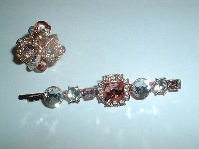 PAIR CITRINE AND WHITE RHINESTONE HAIR CLAW CLIP AND BOBBY PIN