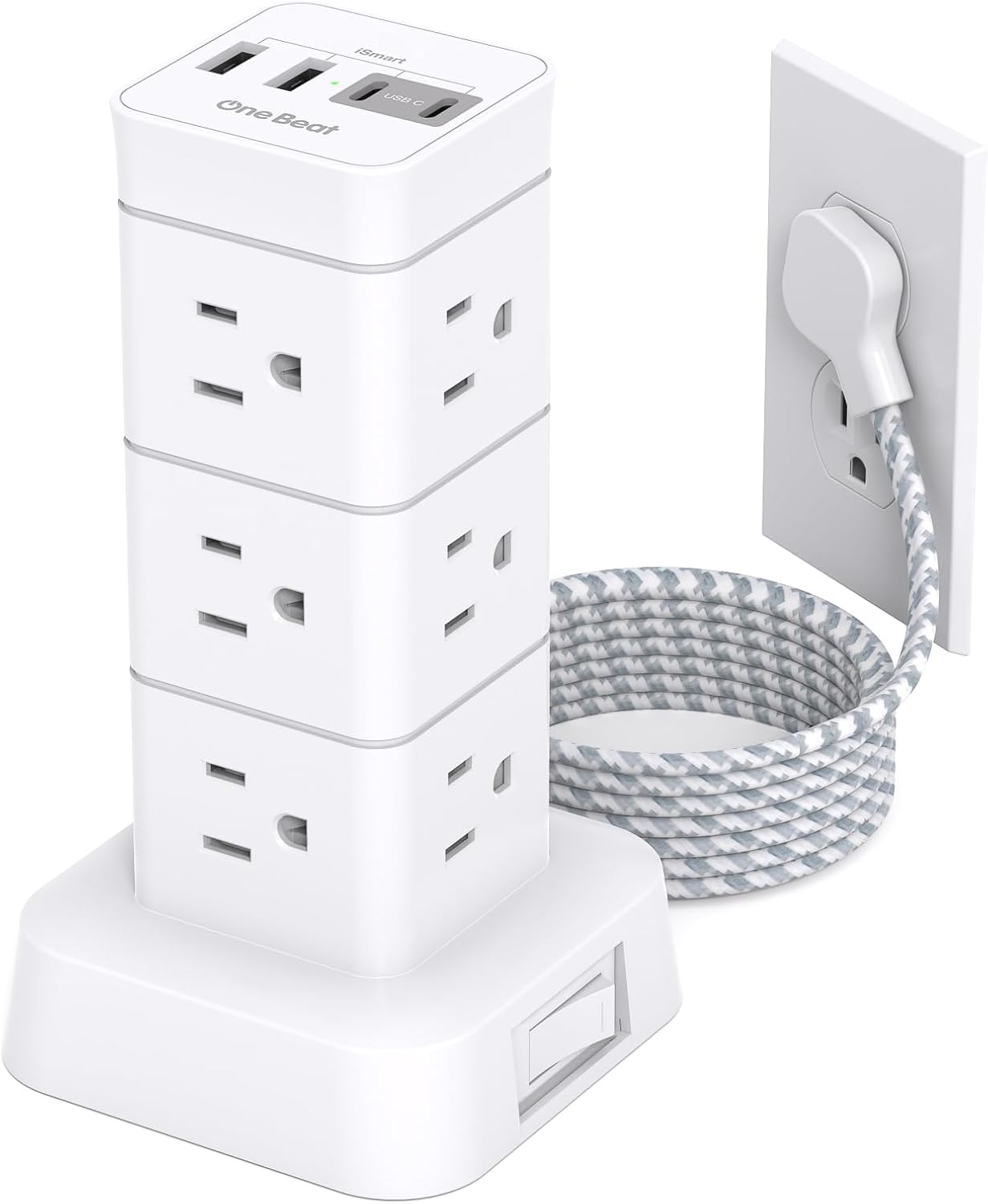 Surge Protector Power Strip Tower 12 Outlets 4 USB 2 USB C Desktop Charging Flat-image