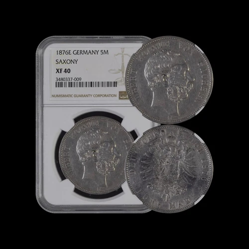 GERMANY. 1876, 5 Mark, Silver, E - NGC XF40 - Saxony-Albertine, Eagle