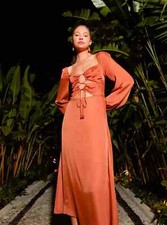 NWT Farm Rio Caramel Cutout Front-Tie Satin Midi Dress SIZE S-XL