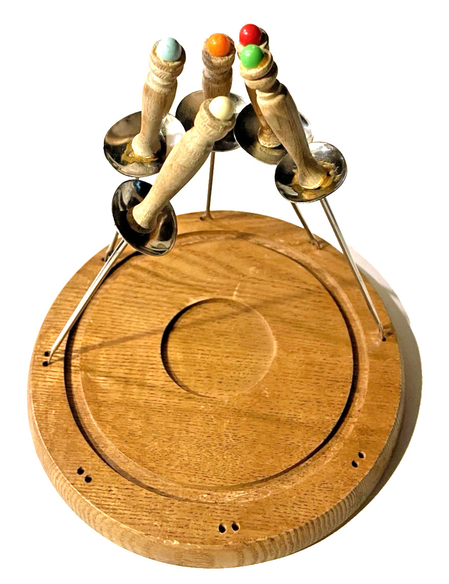 Mid Century Porcelain Enamel Fondue Set Mushrooms Blue and Green SEE Description