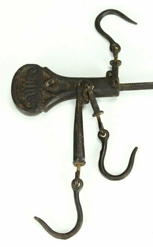 = Antique 1800's Cast Iron Hanging Balance Beam Scale 3 Hooks Orig. Counterweigh - Picture 3 of 11