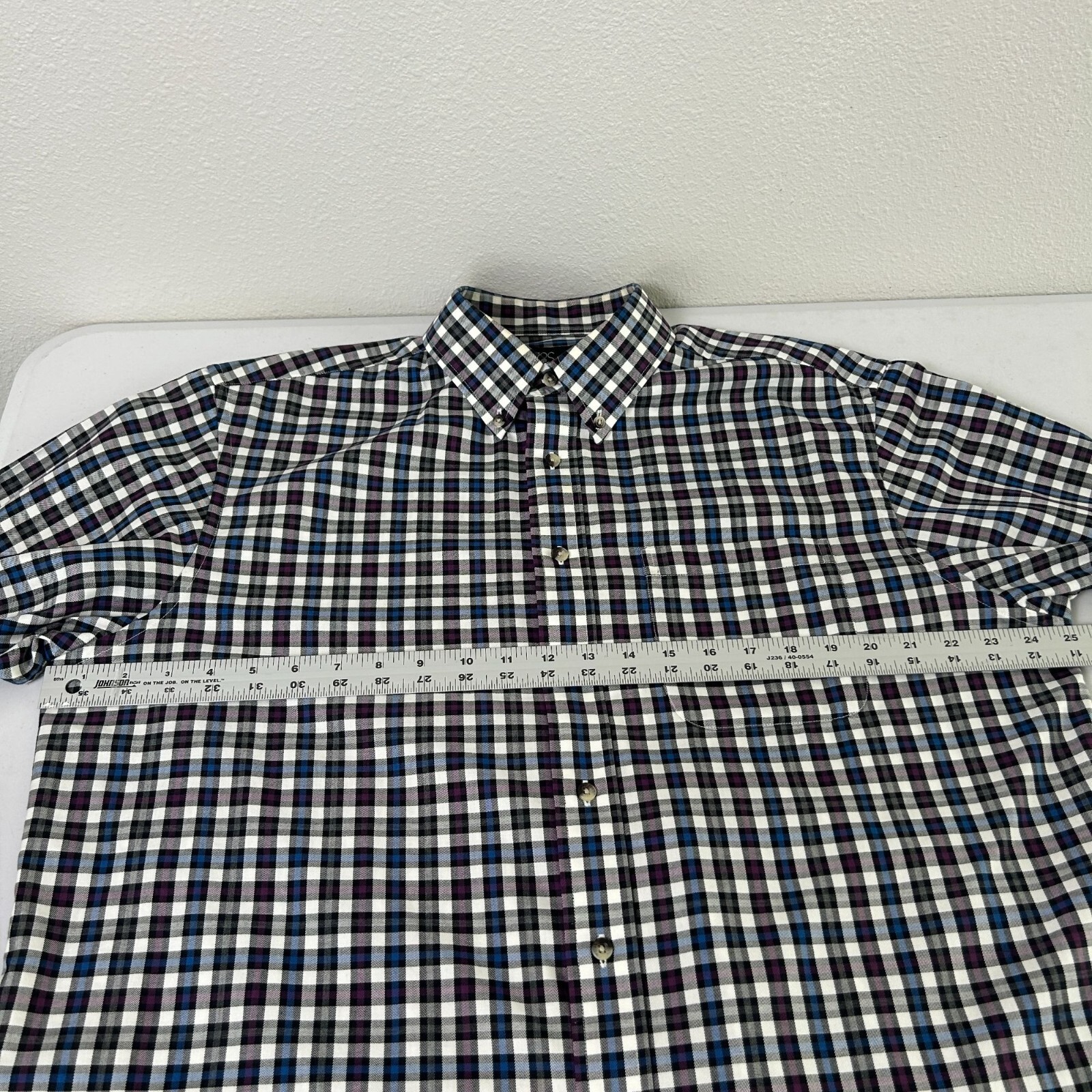 Jos A Bank Travelers Button Down Shirt Mens Size L Blue Purple Plaid Long Sleeve