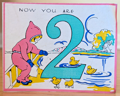 Vintage Alter zwei 2 Entenkind Teich Park Geburtstag 1940er UNBENUTZT Grußkarte EB10713