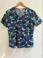SB Scrubs Women's Blue Floral 100 Cotton V-Neck Short Sleeve Scrub Top Indigo S