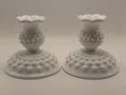 Vintage Fenton White Milk Glass Hobnail Candlestick Holders Pair Scalloped Rim