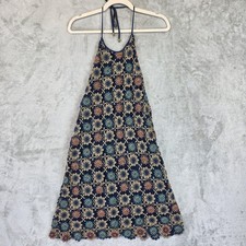 Ecote Dress Womens S Blue Crochet Halter Boho Floral Beaded Urban Outfitters