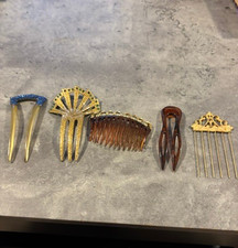 5 Vintage Ornamental Gold Tone and brown Hair Combs