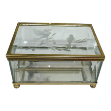 VTG Beveled Glass Trinket Jewelry Box Gold Tone Trim Etched Birds Holly NIB