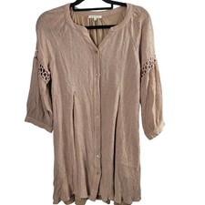 Bravenly Tunic Dress M Womens Button Front Half Sleeve Tan Pullover Lined Boho 